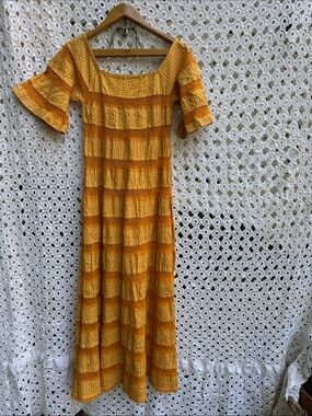 Orange Striped Maxi Dress - Women's small Mexican vintage